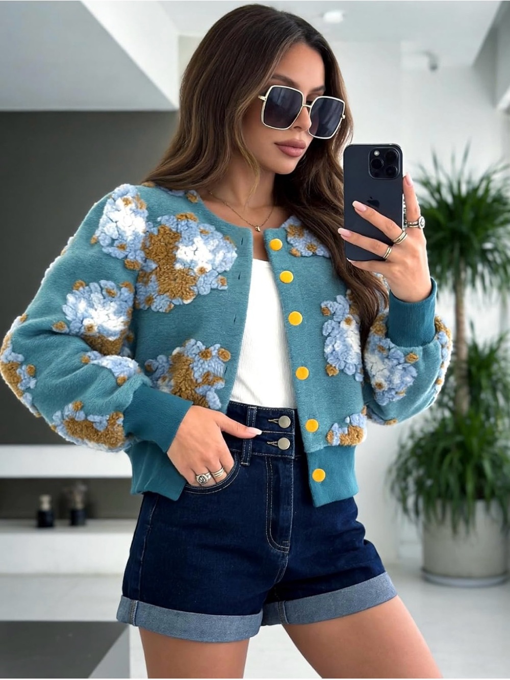 3D Floral Cropped Bomber Jacket Teal Blue Women XL New